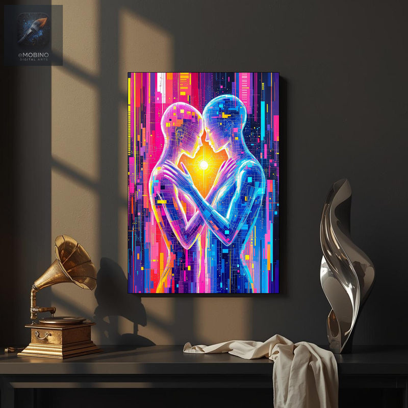 Glowing Couple Canvas Wall Art, Neon Glitch Lovers Print - view 2