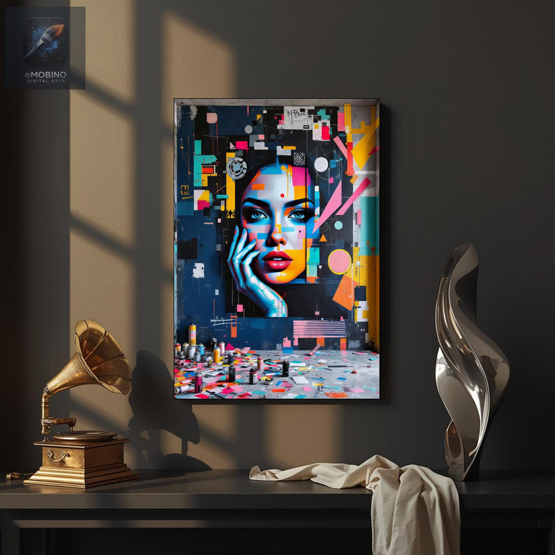Pop art kvinde med hånden mod kinden i en farverig collage på marineblå bund, visning 2