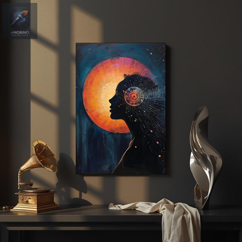 Boho Sun Goddess Canvas Wall Art, Orange Sun Circle Silhouette Print - view 2
