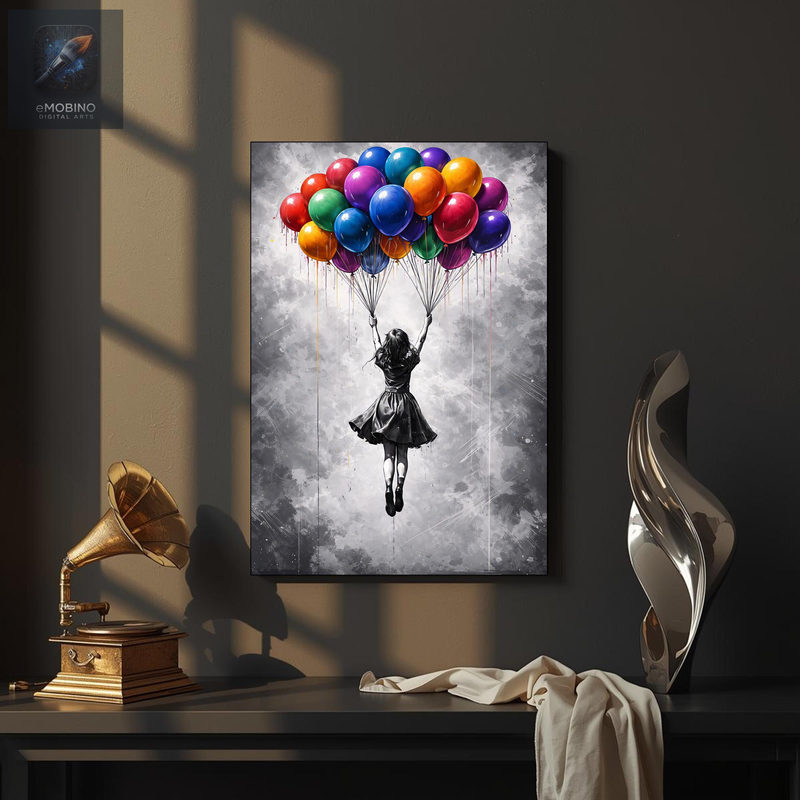 Fillette en robe sombre emportée par des ballons colorés sur fond noir et blanc, vue 2