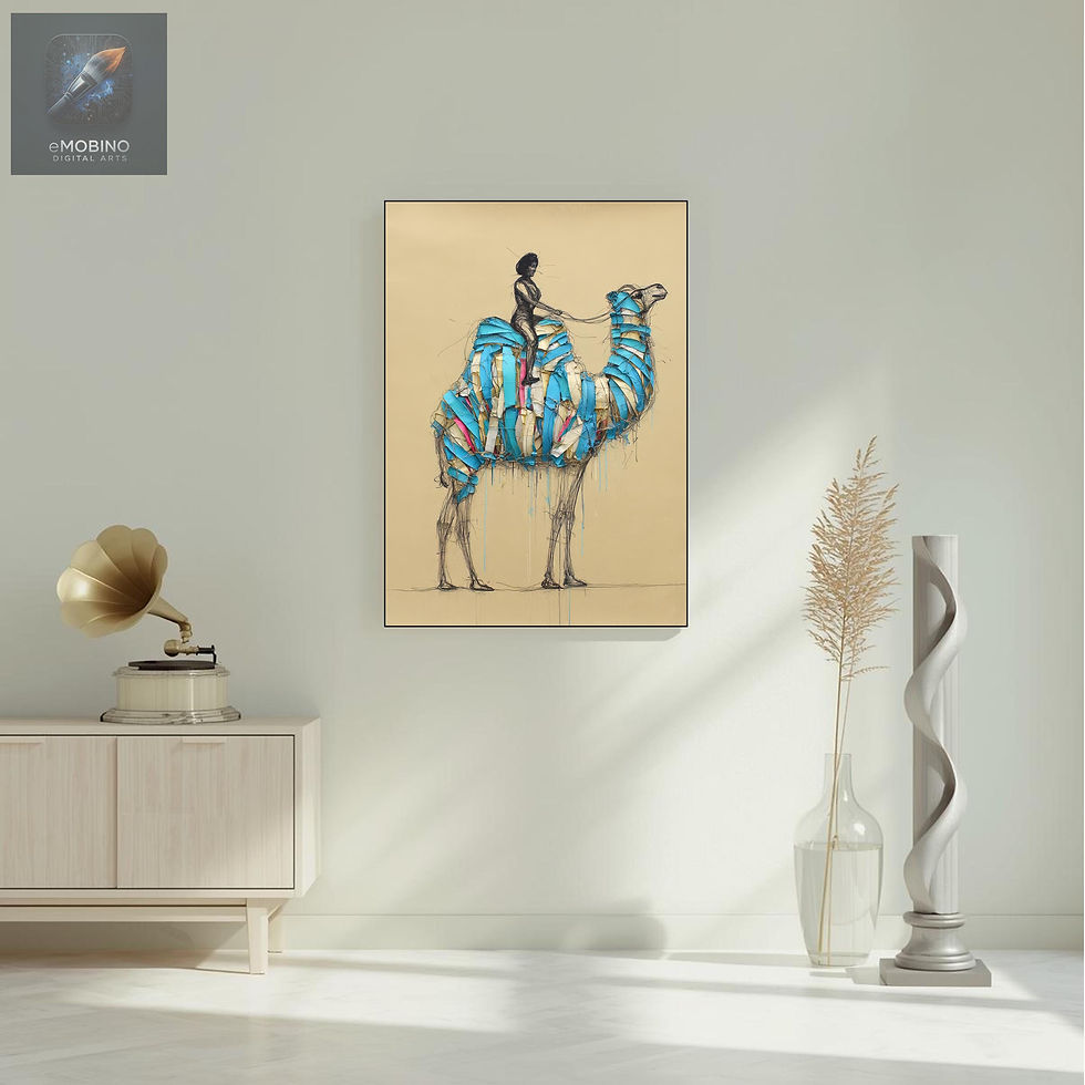Thumbnail: Abstract Camel Riding Camel Canvas Print - Turquoise Blue Sketch Art