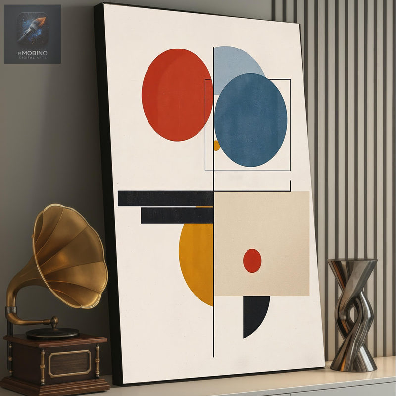 Bauhaus-komposition med rød, blå og gul cirkel, beige rektangel og sorte linjer