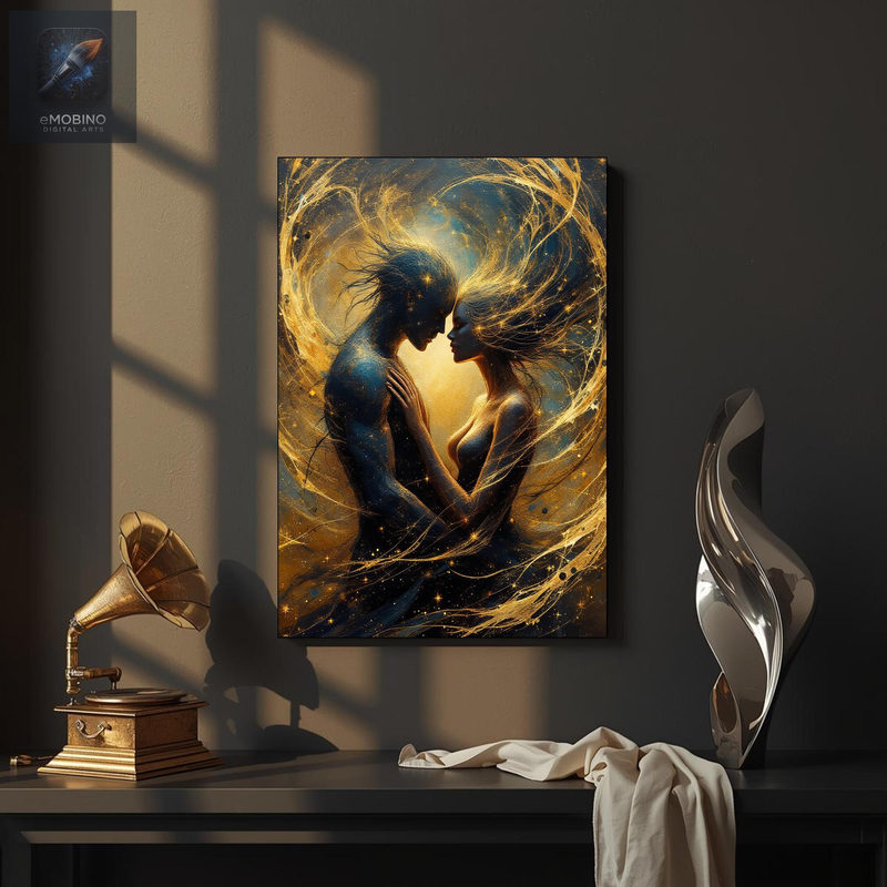 Gold and Navy Couple Canvas Wall Art, Celestial Lovers Print - view 2