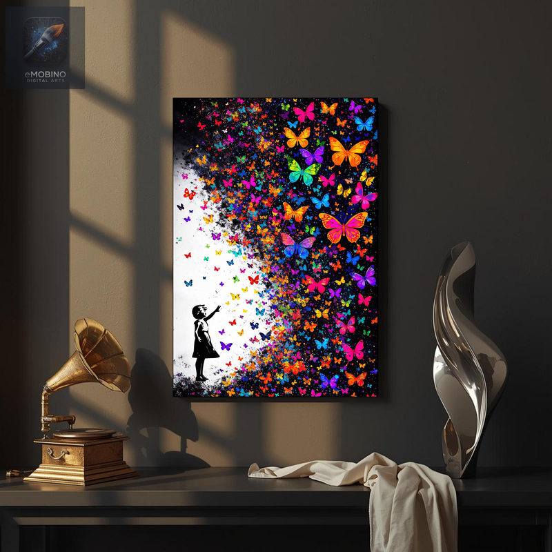 Silhouette de fillette libérant un essaim de papillons multicolores sur fond noir, vue 2