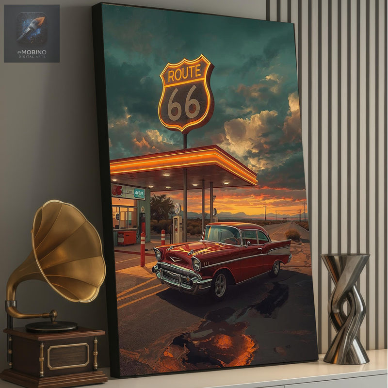 Route 66 neonskilt over tankstation med rød sedan fra 1950'erne i solnedgang