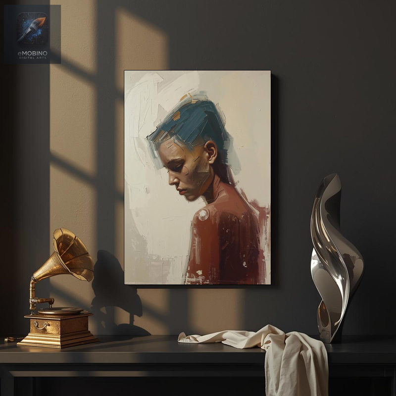 Minimalist Portrait Canvas Print, Blue Rust Palette Knife Art - view 2