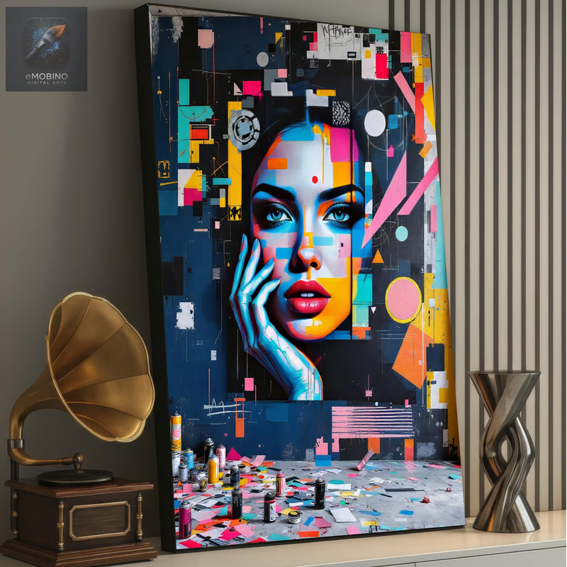 Pop art kvinde med hånden mod kinden i en farverig collage på marineblå bund