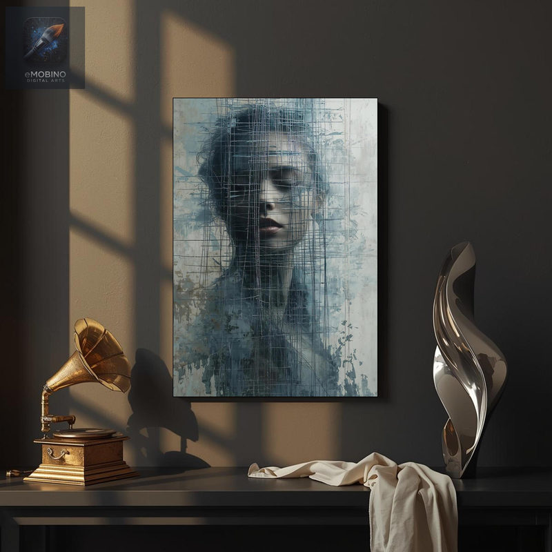 Blue Grey Woman Portrait Canvas Wall Art, Grid Line Distressed Print - view 2
