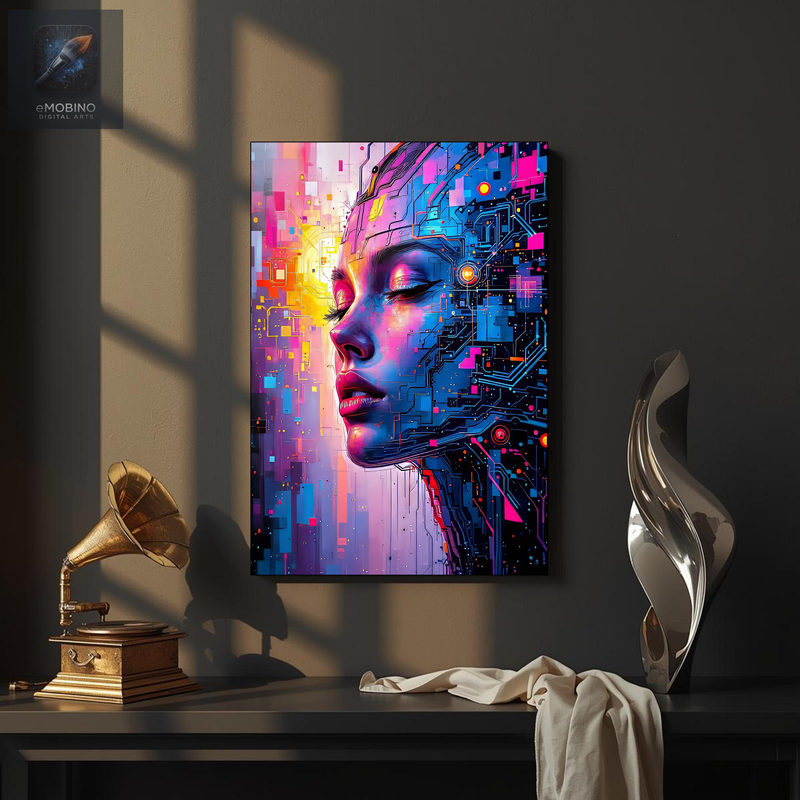 Cyberpunk Woman Canvas Wall Art, Circuit Board Face Print - view 2