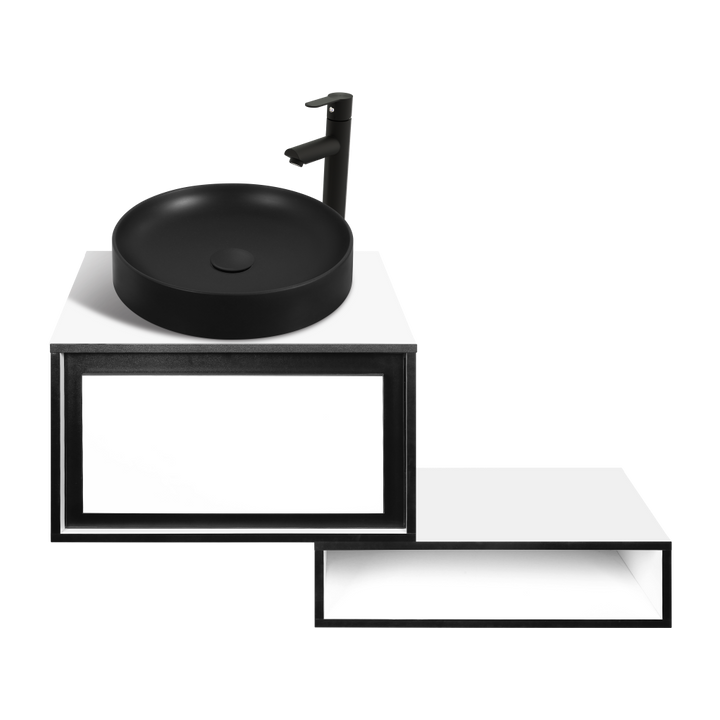 Тумба с умывальником с подсветкой в ванную подвесной 77х47 белый с черным