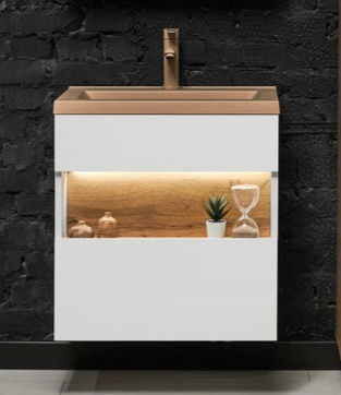 Тумба с умывальником с подсветкой в ванную подвесной 60х46 белый с беж