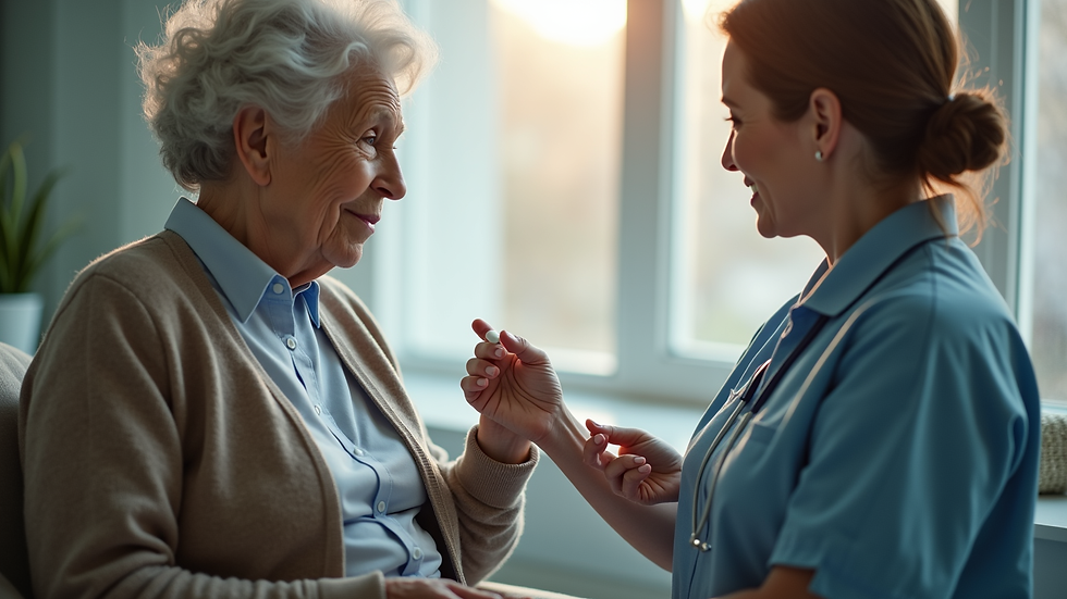 Eye-level view of a caregiver assisting an elderly woman with medication