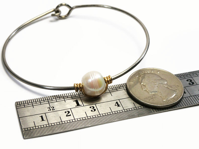 Thumbnail: Orbiting Pearl Bracelet - Freshwater - Stainless steel bangle