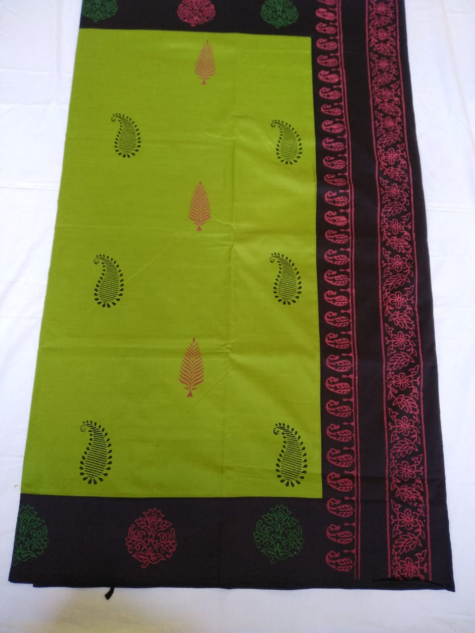 Thumbnail: Cotton Saree Block Printed- Parrot Green Colour