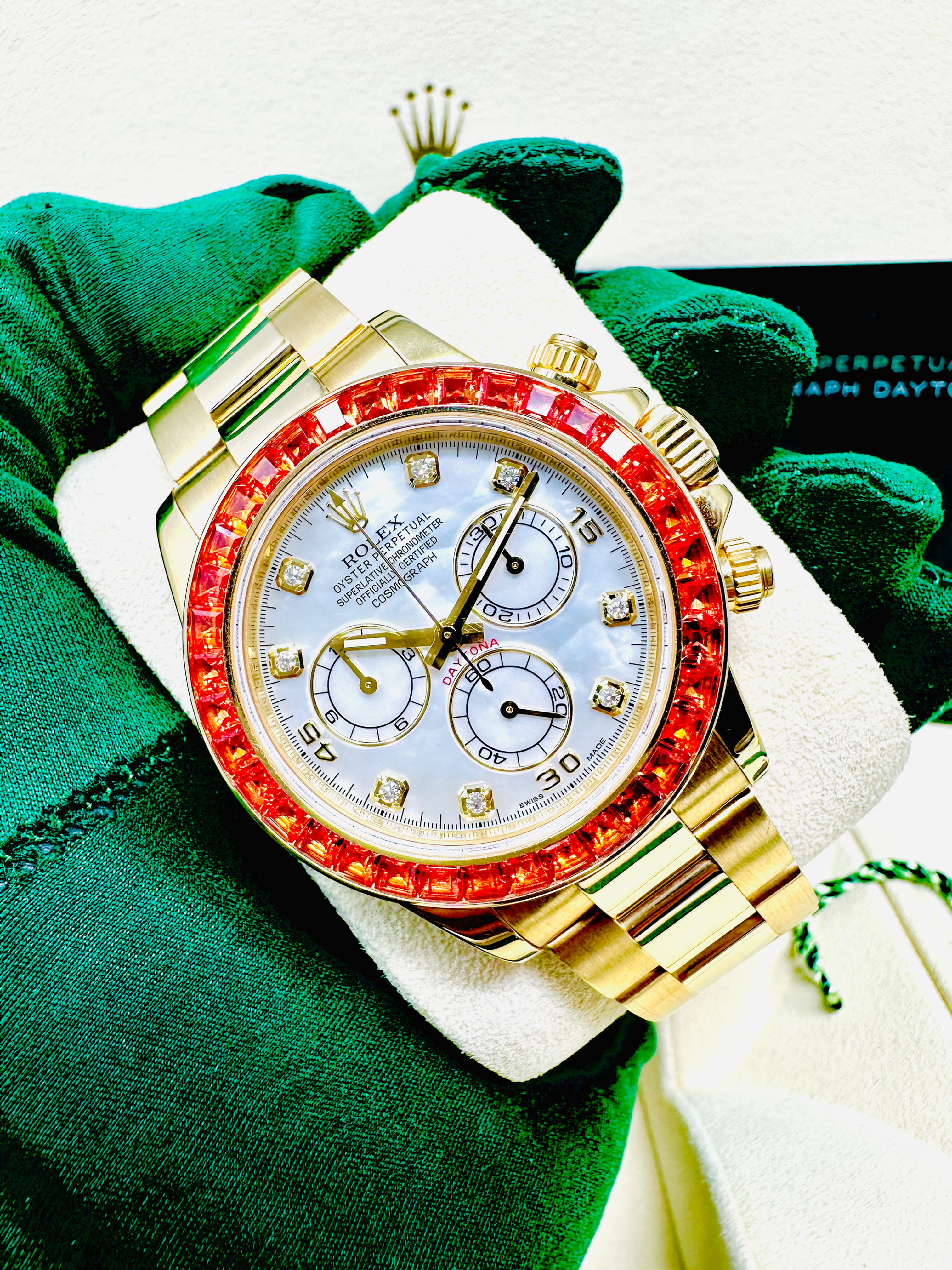 Rolex Daytona 116578SACO Yellow Gold Orange Sapphire Mother Of Pearl Dial