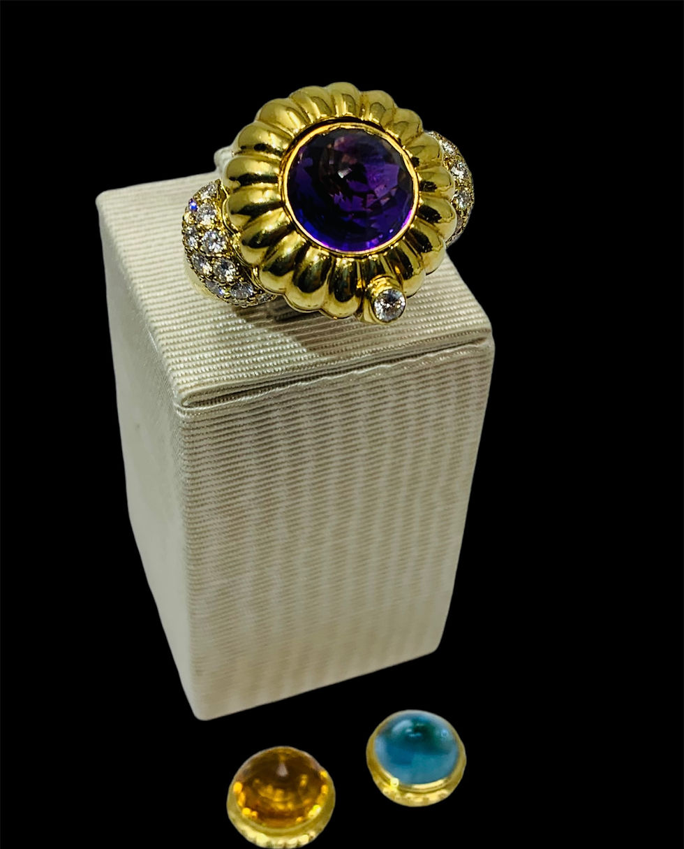 Thumbnail: Simon & Igal 18K Yellow Gold Diamond Interchangeable Multicolored Gemstones Ring