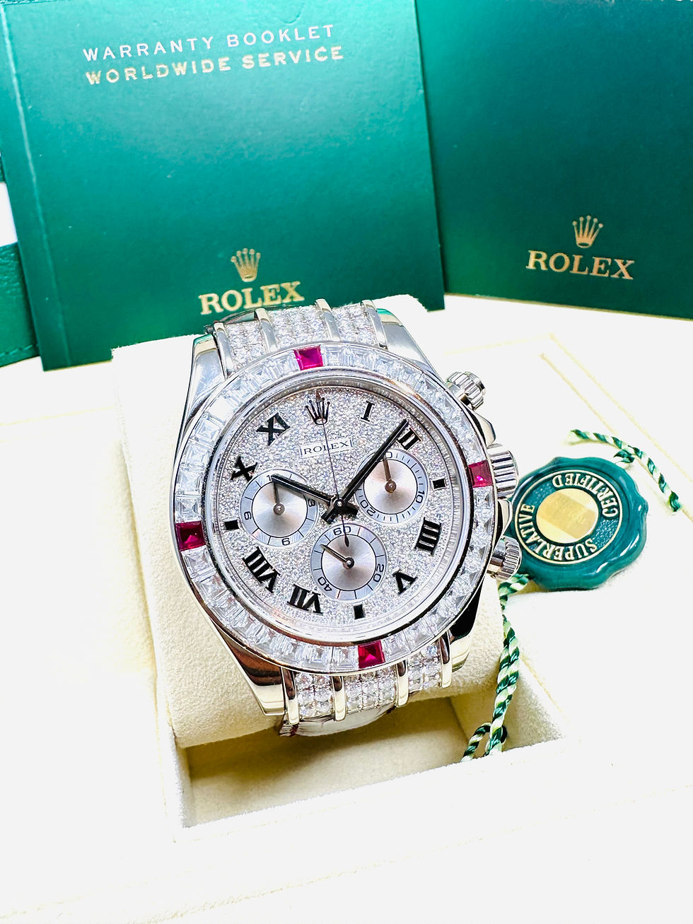 Thumbnail: Rolex Daytona Cosmograph Full Pave Roman Dial Ruby Bezel 1165994RU