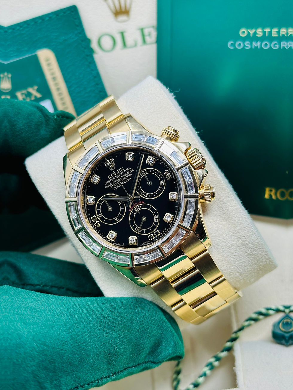 Thumbnail: Rolex Daytona 116568BR Yellow Gold Diamond Bezel Black Diamond Dial Full Set