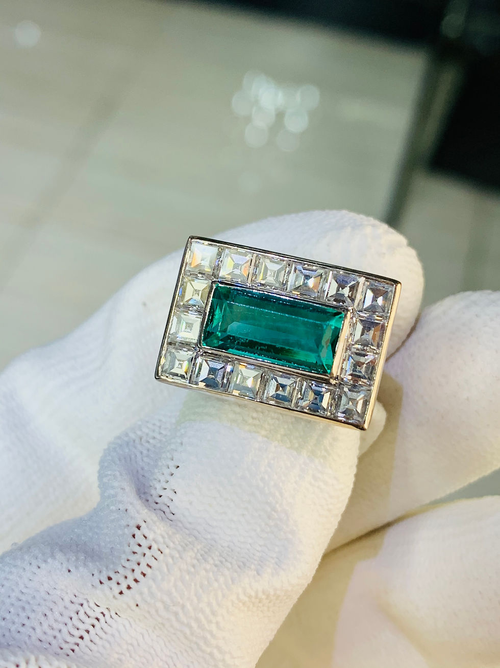Thumbnail: 18K White Gold Unheated Emerald w Top Quality Asscher Cut Diamonds