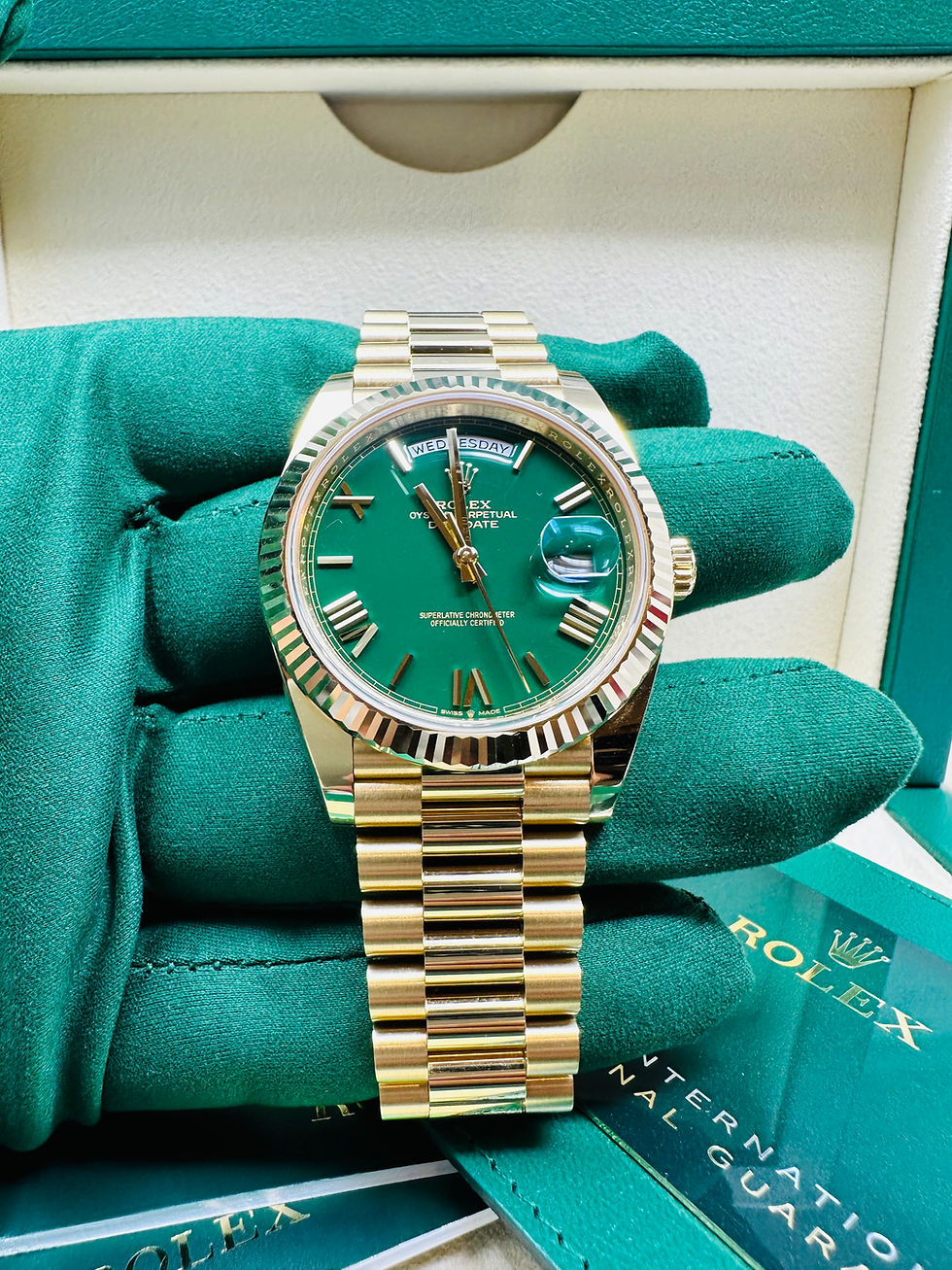 Thumbnail: Rolex President Day-Date 40MM Green Roman Dial Yellow Gold Ref. 228238 FULL SET