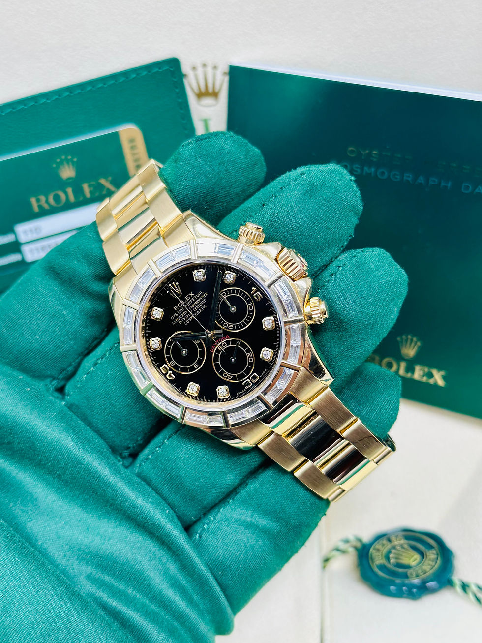 Thumbnail: Rolex Daytona 116568BR Yellow Gold Diamond Bezel Black Diamond Dial Full Set