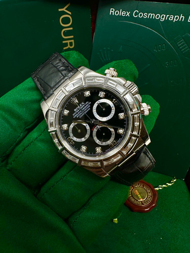 what we want WOODHANGER ウォルナット Rolex Daytona 116589 White Gold 40MM Factory Baguette Bezel