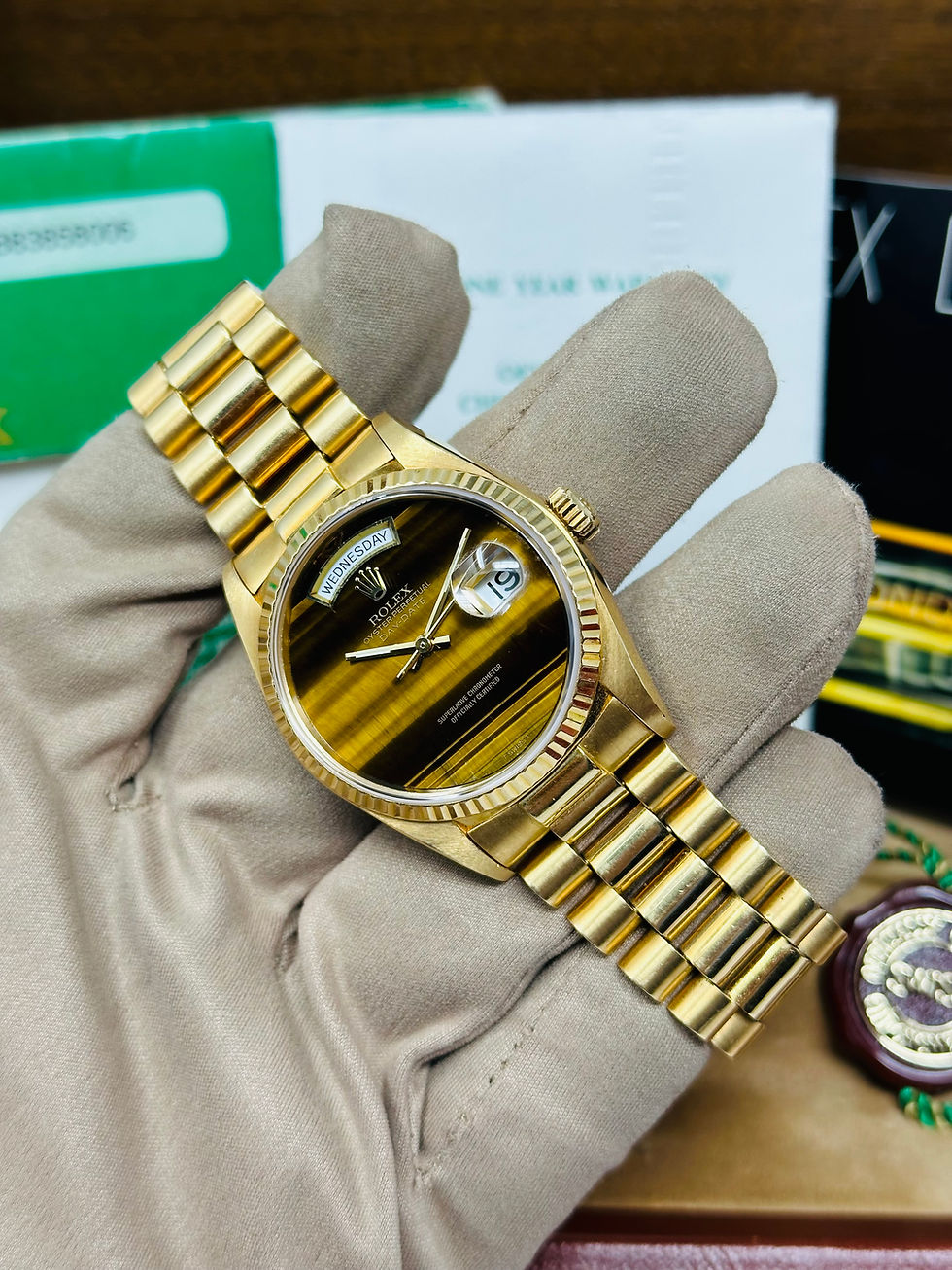 Thumbnail: Rolex Day-Date President 18038 Tiger Eye Dial Yellow Gold Full Set Unpolished