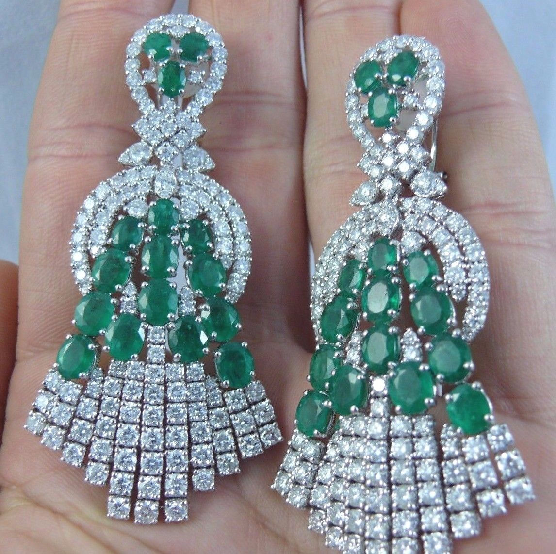 18K White Gold Chandelier Diamond & Emerald Earrings