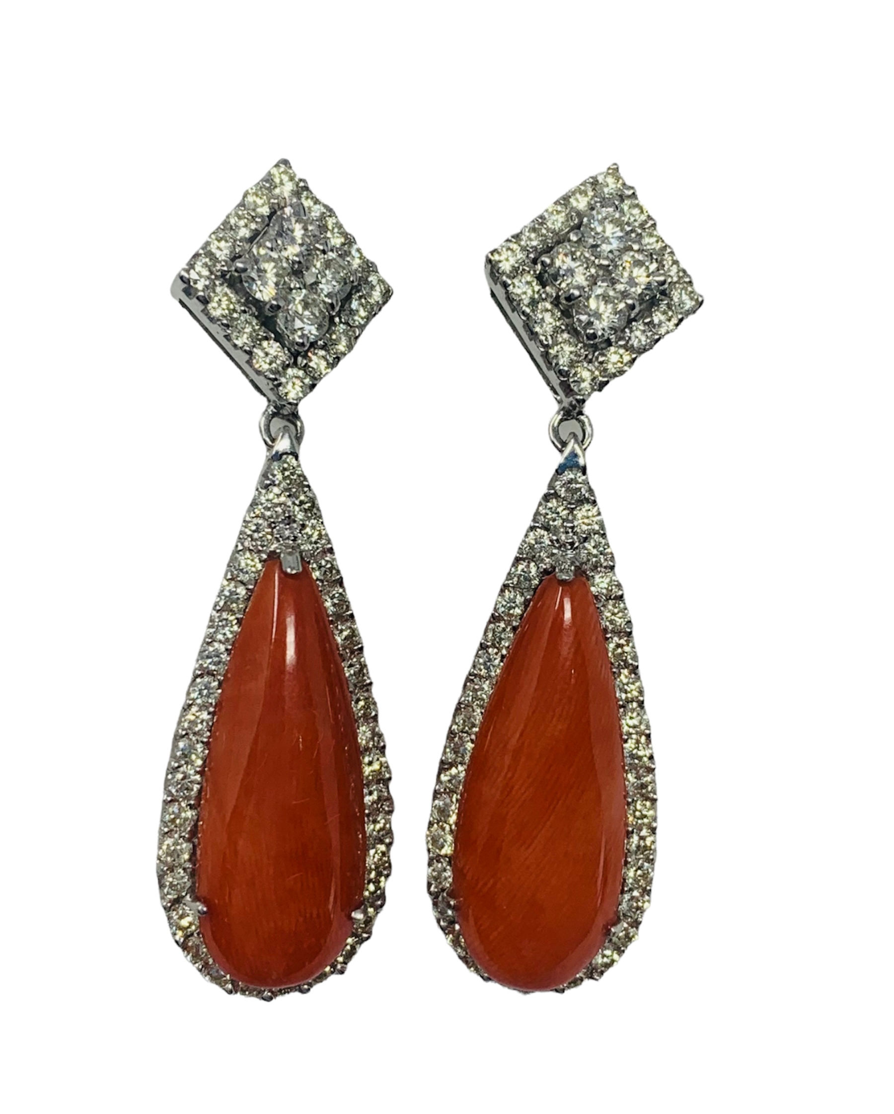 18K White Gold Diamond Natural Coral Earrings