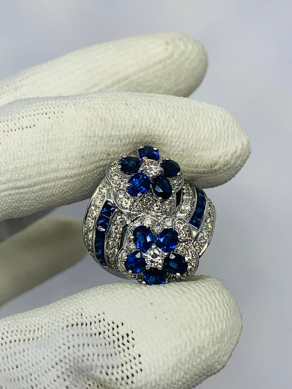 Thumbnail: 18K White Gold Sapphire & Diamond Double Flower Bypass Ring