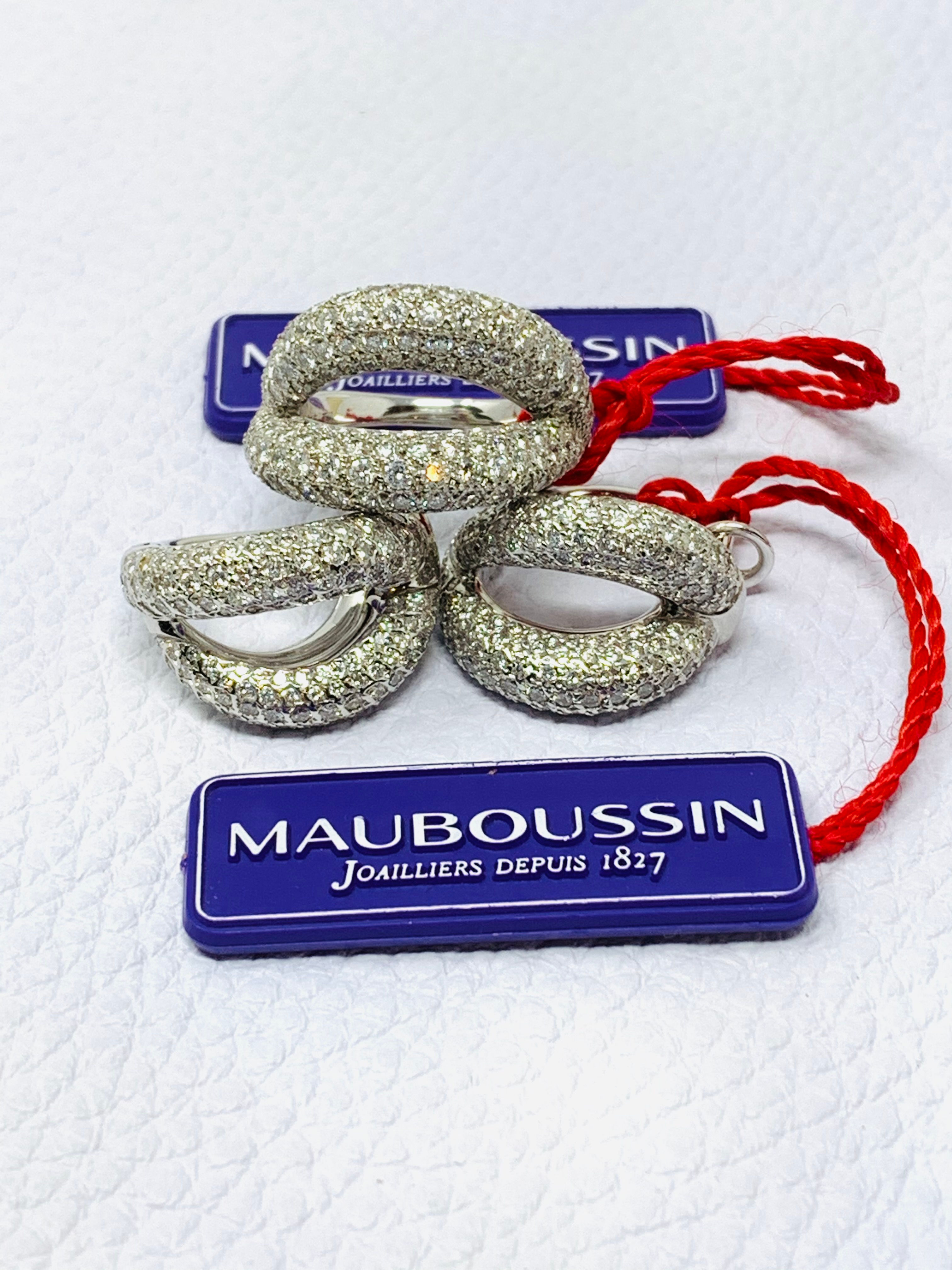 Mauboussin 18K White Gold Pave Diamond Crossover Earring & Ring Set