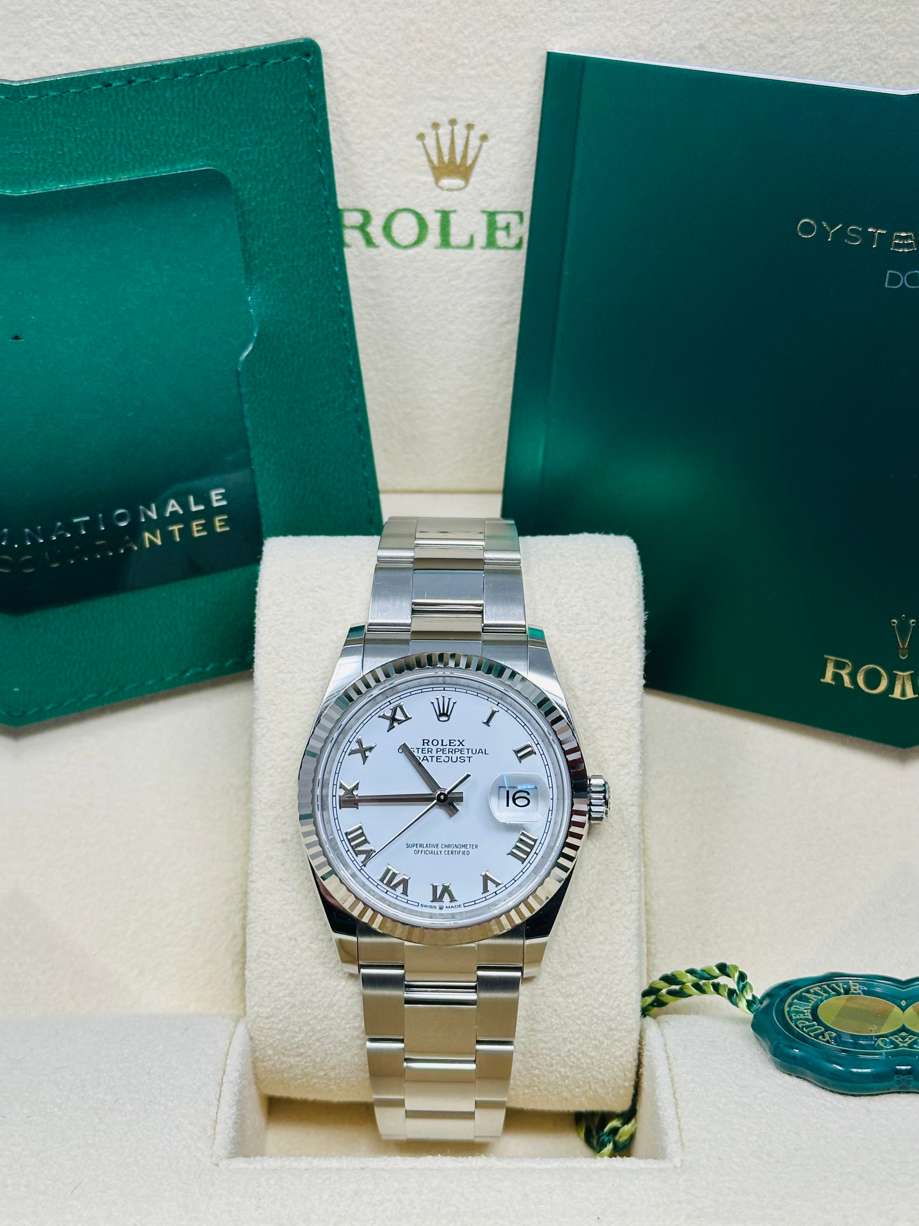 Rolex Datejust 126234 White Roman Dial 36MM Fluted Bezel Box & Papers