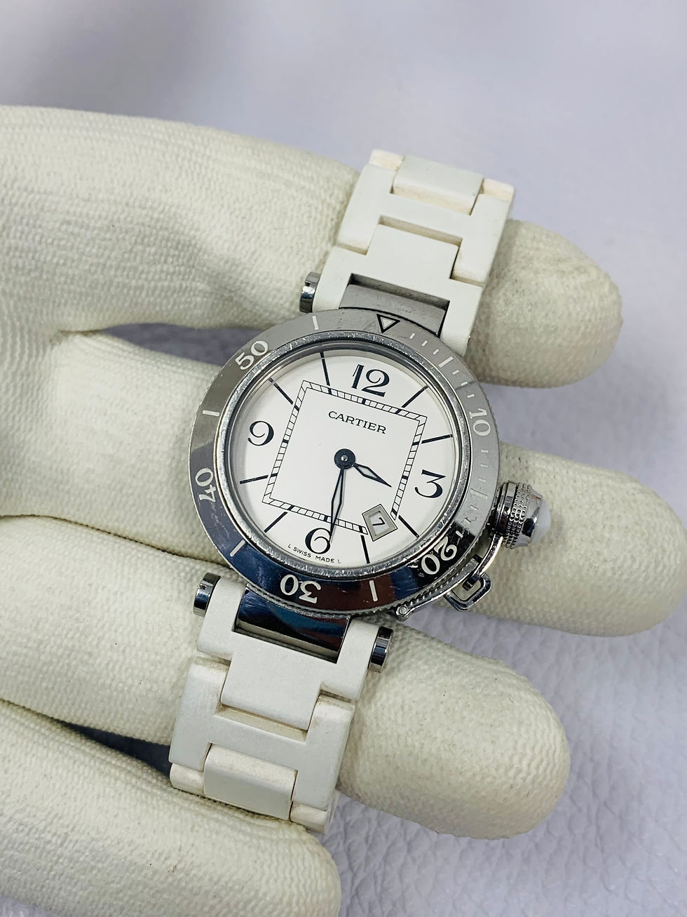 Thumbnail: Cartier Pasha 33MM White Dial & White Rubber Strap Ref. 3025
