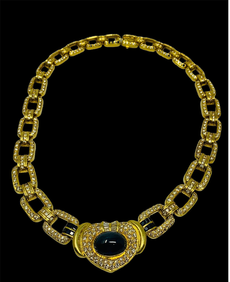 Thumbnail: 18K Yellow Gold  16.69CT AGL CERTIFIED Cabochon Sapphire Diamond Necklace