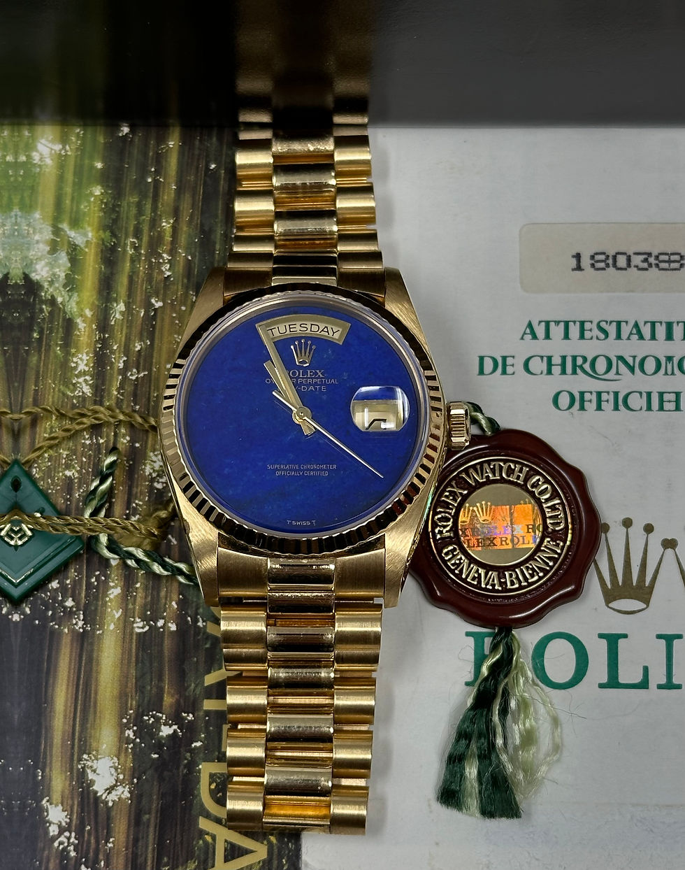 Thumbnail: Rolex President Day-Date Factory Lapis Dial Yellow Gold 18038 Complete Set
