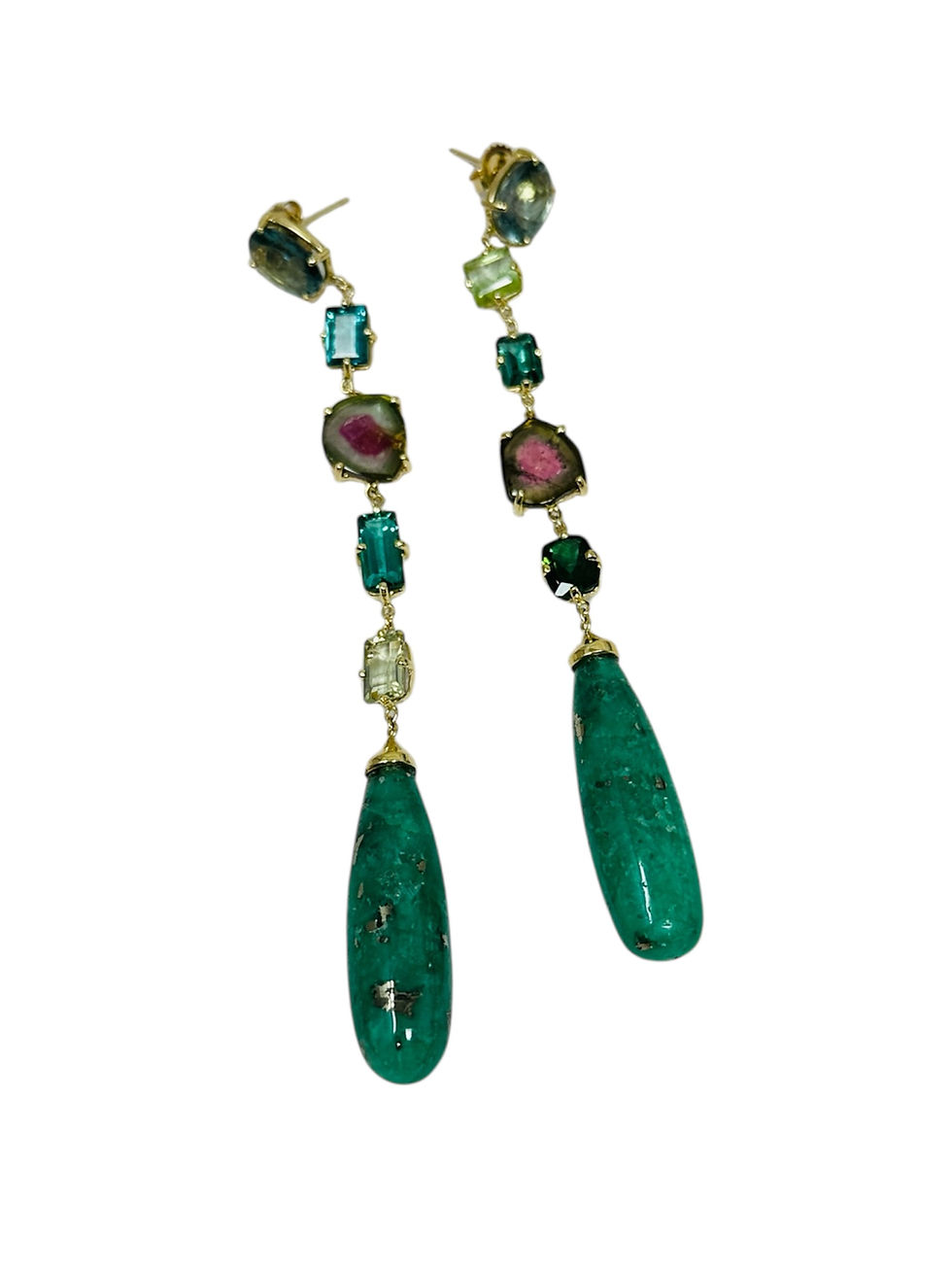 Thumbnail: Beautiful Jacquie Aiche Handmade Yellow Gold Tourmaline and Emerald Drop Earrings