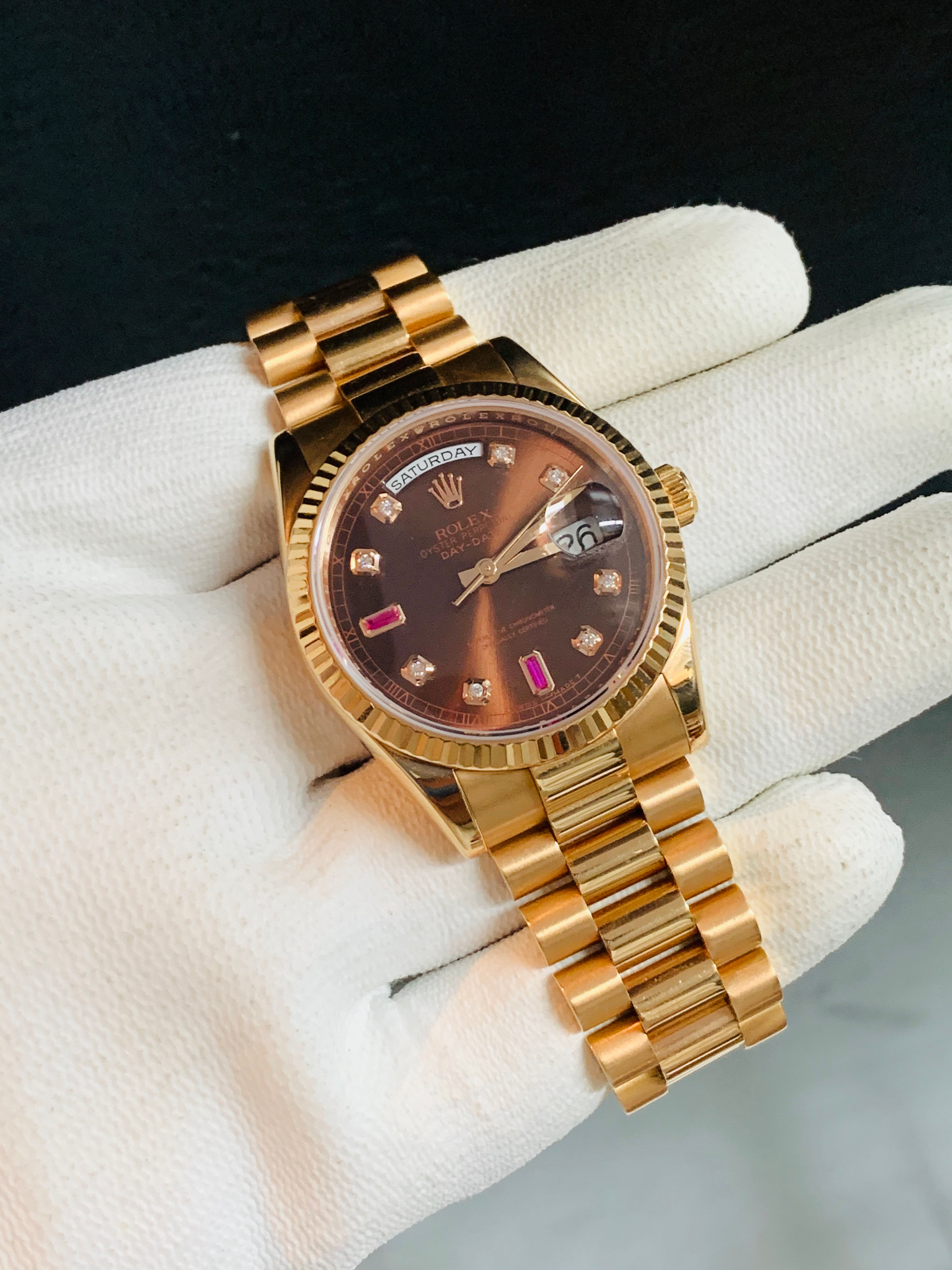 Rolex Day-Date President 36MM Everose Chocolate Ruby Diamond Dial *New Style*
