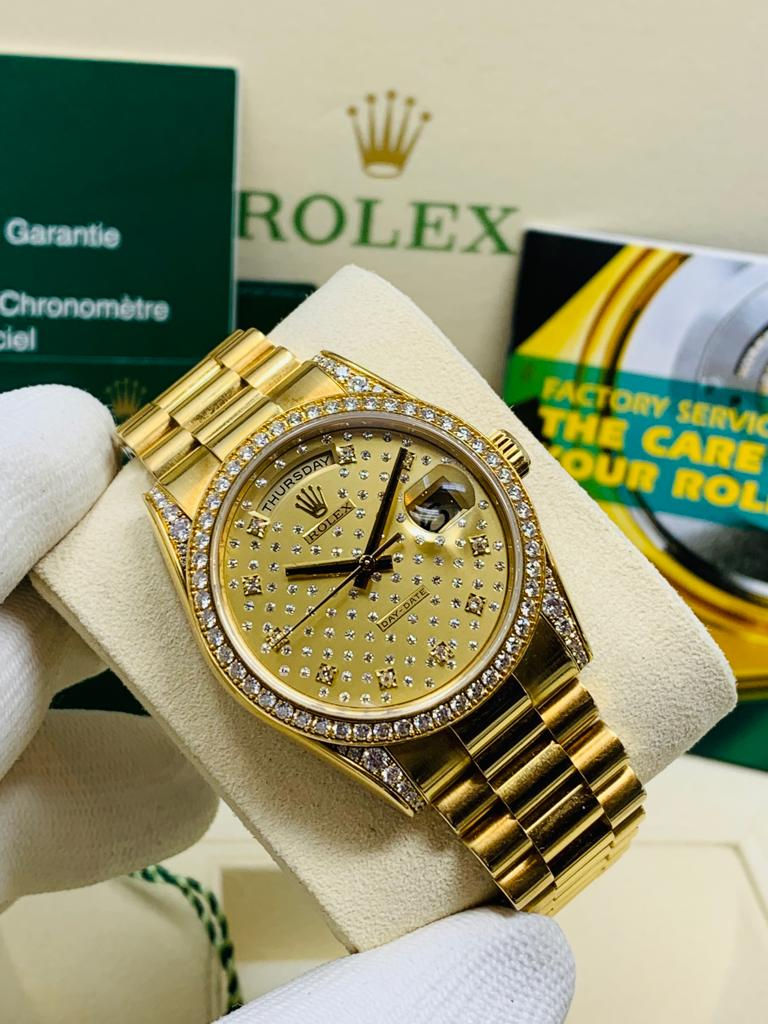 Thumbnail: Rolex Day-Date President Factory Diamond Dial, Bezel, & Logs Ref 118388