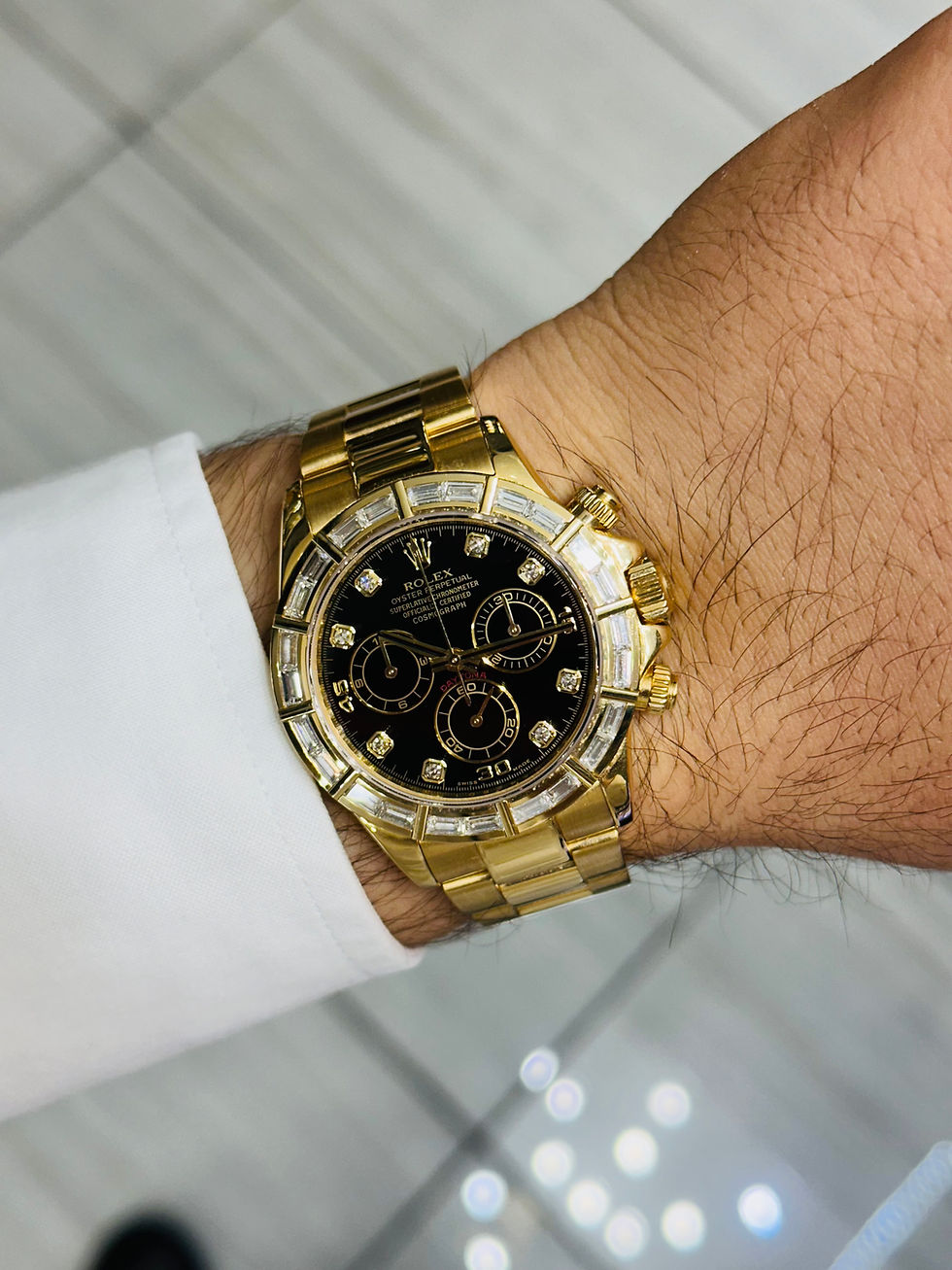 Thumbnail: Rolex Daytona 116568BR Yellow Gold Diamond Bezel Black Diamond Dial Full Set