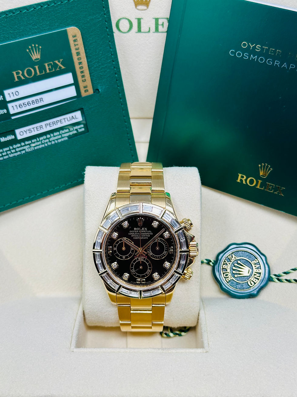 Thumbnail: Rolex Daytona 116568BR Yellow Gold Diamond Bezel Black Diamond Dial Full Set