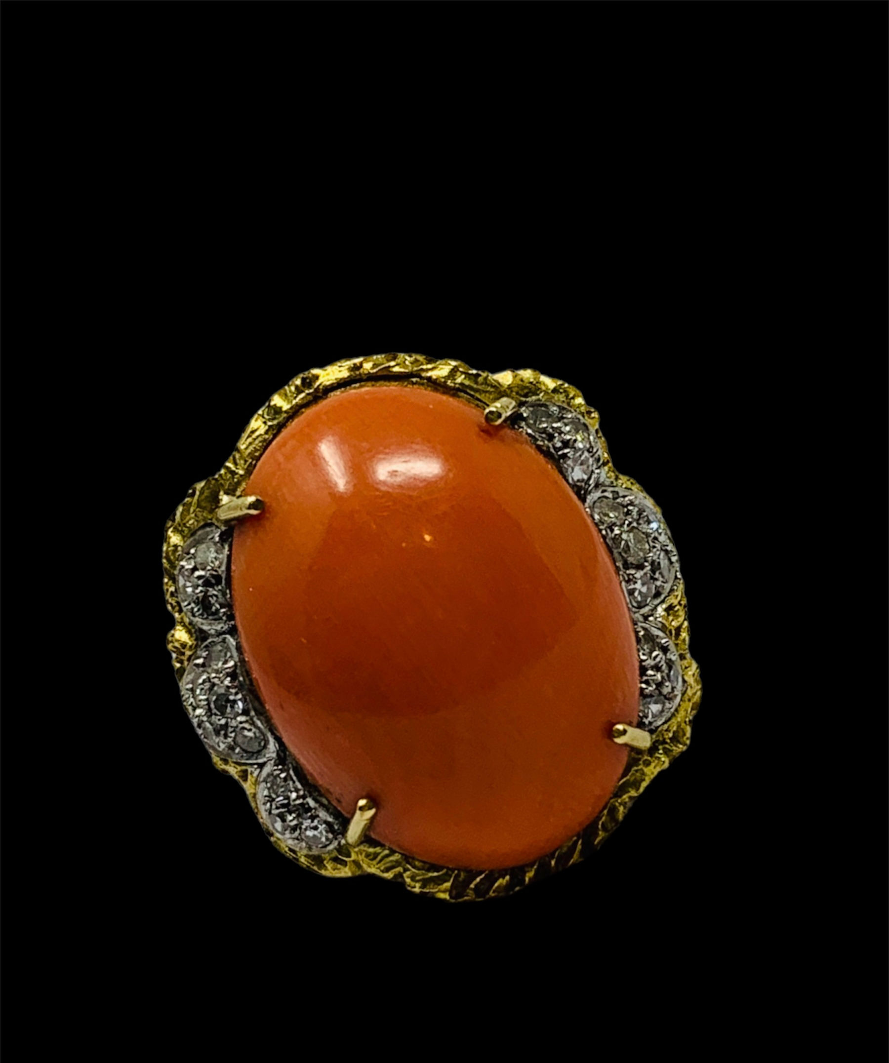 18K Yellow Gold Natural Red Coral Diamond Ring