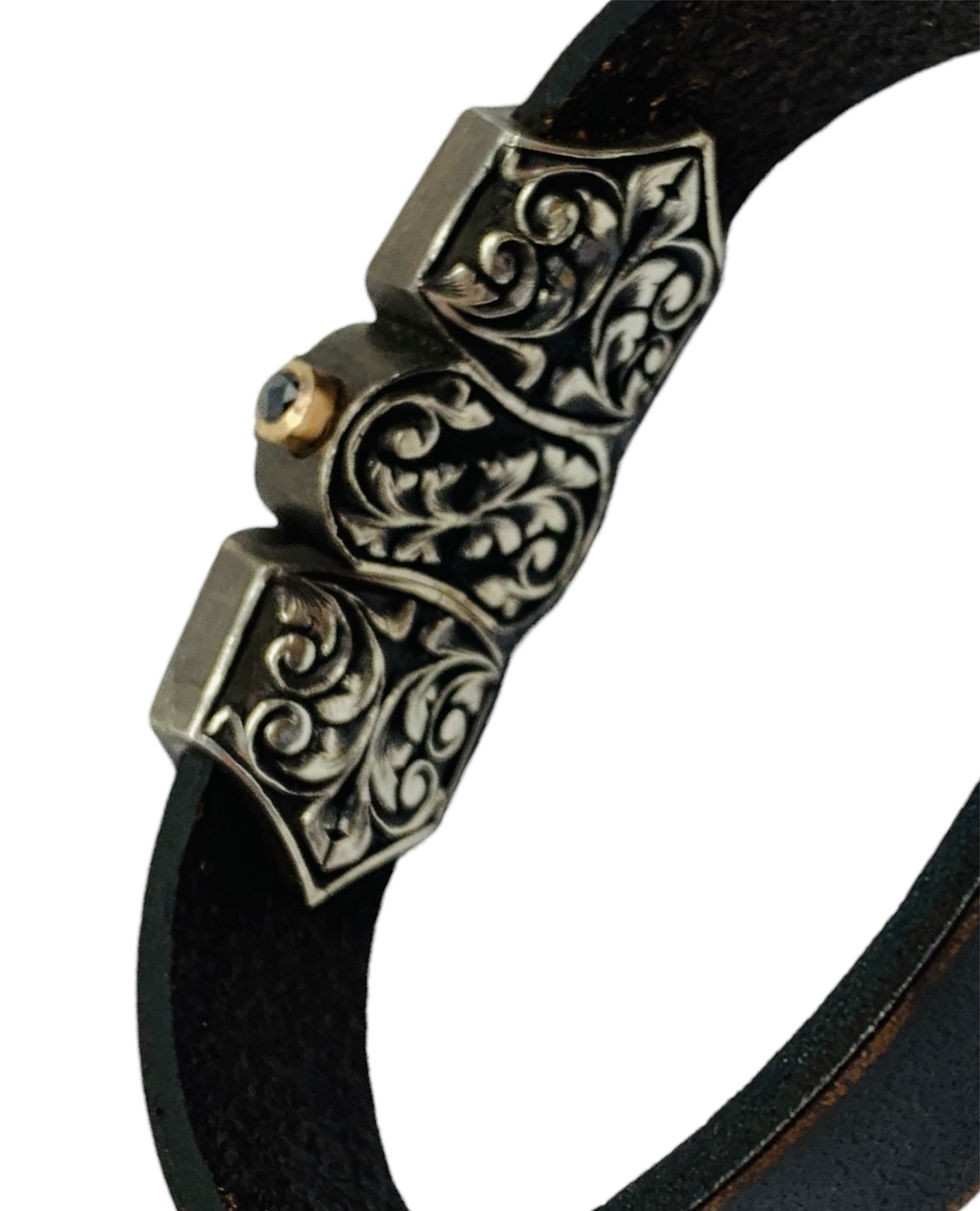 Thumbnail: Middle Eastern Silver & Gold Hand-Engraved Malachite Leather Diamond Bracelet