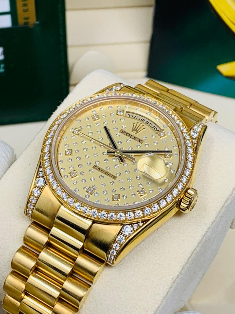 Thumbnail: Rolex Day-Date President Factory Diamond Dial, Bezel, & Logs Ref 118388