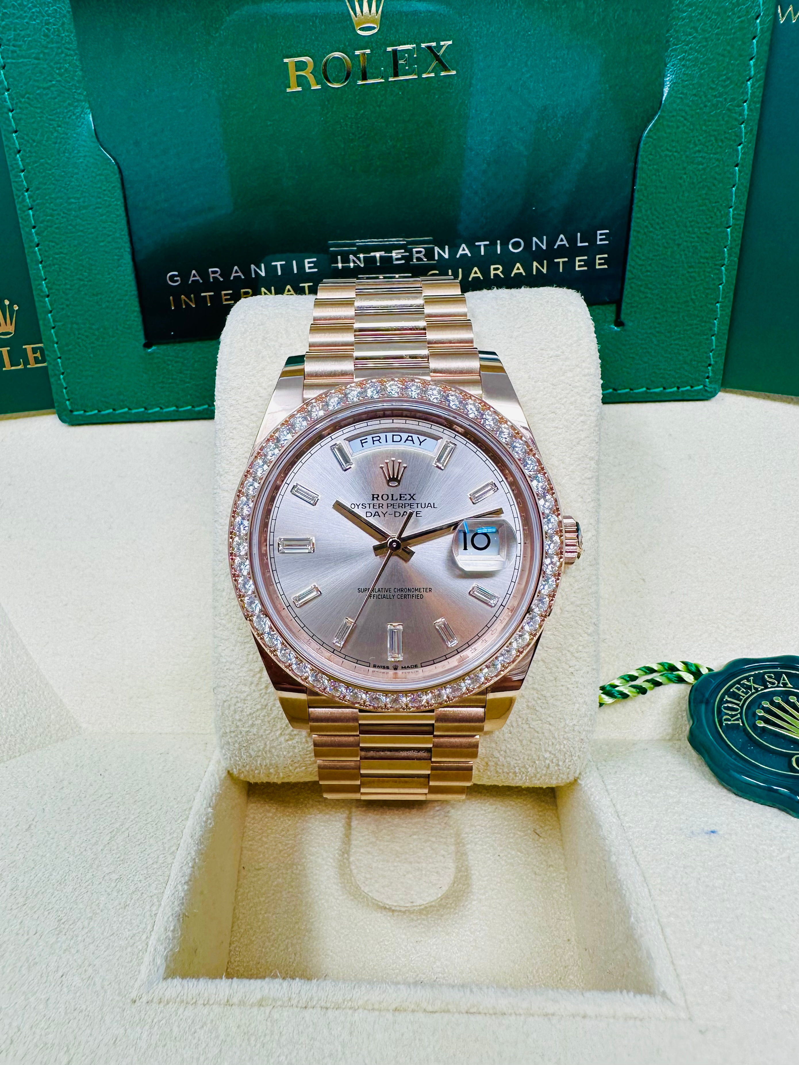 Rolex Day-Date 40 Rose Gold 228345RBR Diamond Bezel Sundust Diamond Dial Full Set
