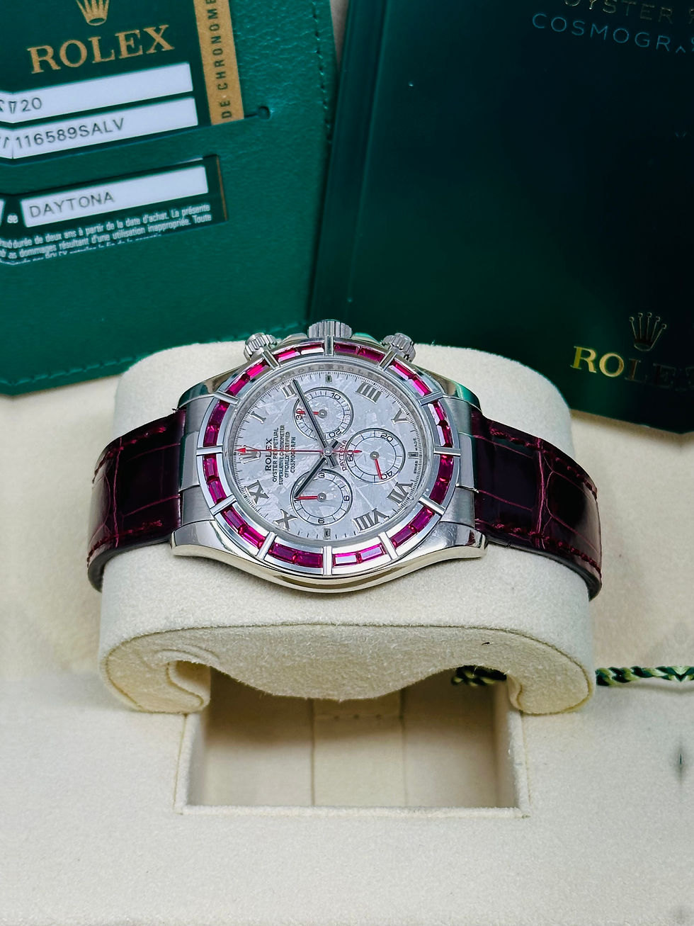 Thumbnail: Rolex Daytona 116589SALV White Gold Meteorite Dial Ruby Bezel Full Set