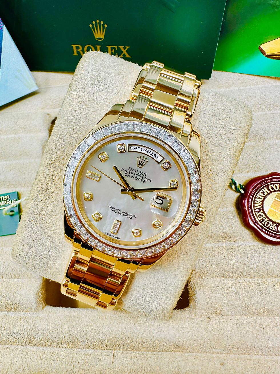 Thumbnail: Rolex Masterpiece 18958 Day-Date Yellow Gold Baguette Bezel Mop Dial Full Set