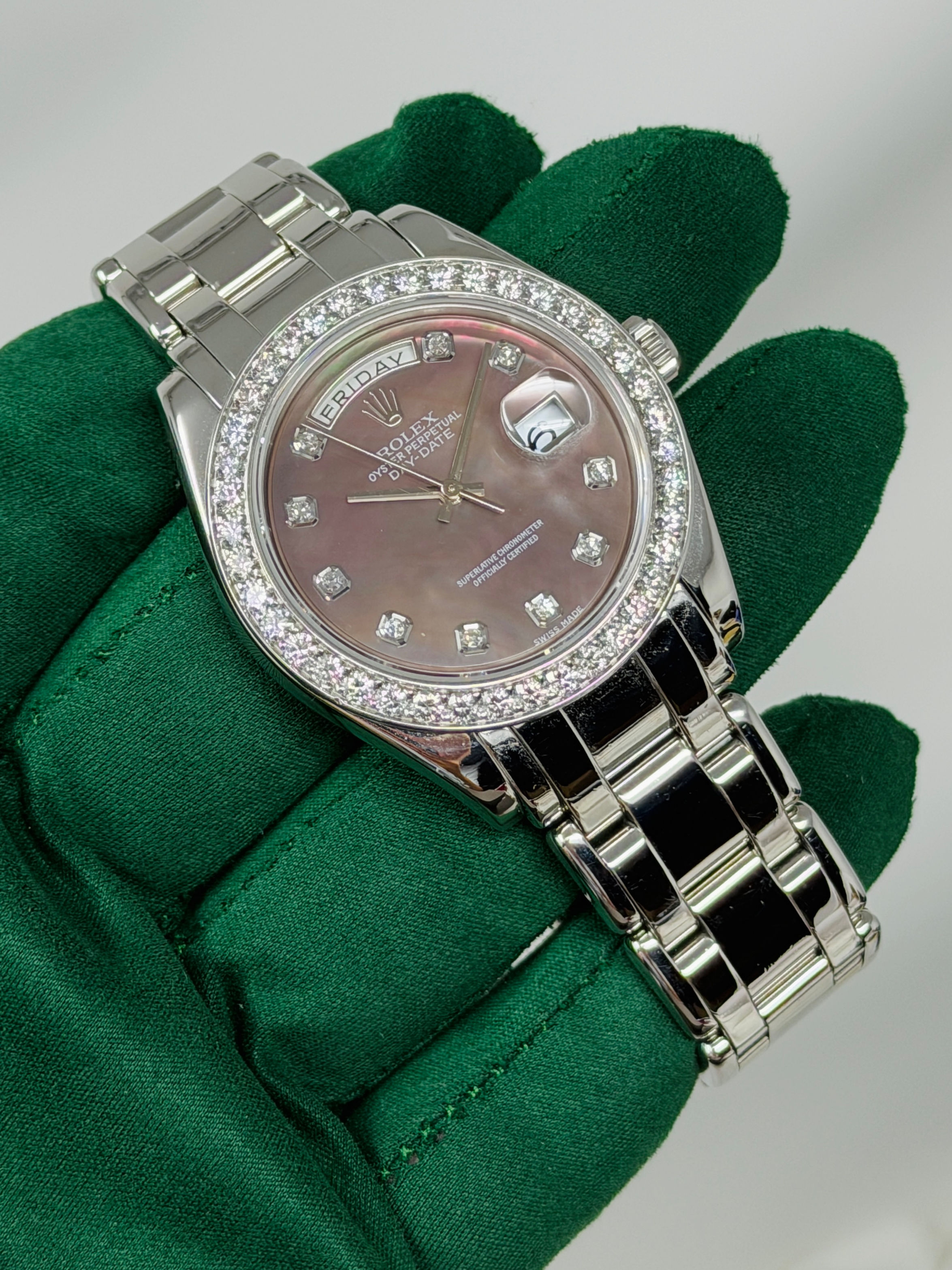 Rolex Day-Date Masterpiece 18946 Platinum 39mm MOP Diamond Dial Box & Papers