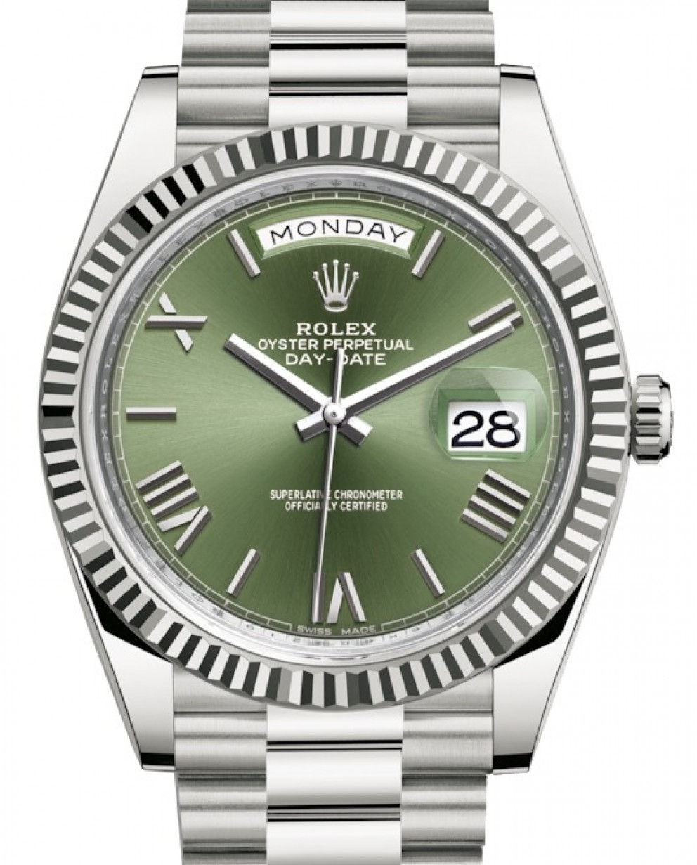 Rolex Day-Date 40MM White Gold Olive Green Roman Dial & Fluted Bezel