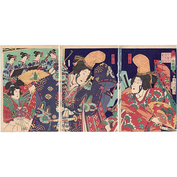 Toyohara Kunichika (豊原 国周) | Imamurasaki and Shôshô Dancing a Modern Version of the Otokomai at the House of Kinpeirô in the New Yoshiwara | 1870 | Meiji period | Japan