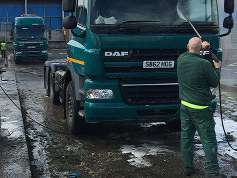 Rhinowash static pressure washer used in transport depot